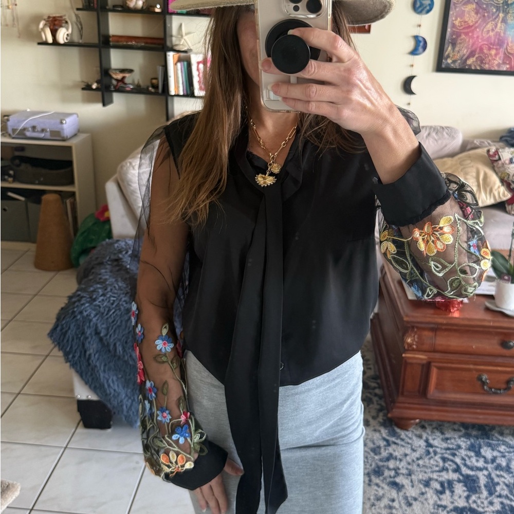 SHEIN Black Blouse with Colorful Embroidered Sleeves